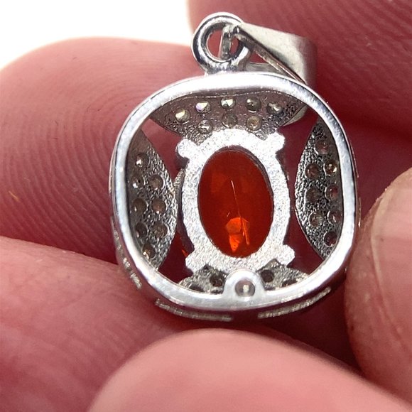 Fire Opal .89ct Platinum Finish Solid 925 Sterling Silver Pendant - Picture 6 of 7